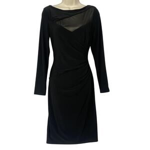 Ralph Lauren Dress Womens 10 Black Long Sleeve Side Ruched Mesh Illusion LBD